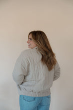 Load image into Gallery viewer, back view of model wearing the one more day jacket. model has the sweater paired with the genevive denim.