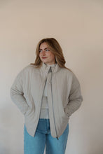 Load image into Gallery viewer, front view of model wearing the one more day jacket. model has the sweater paired with the genevive denim.