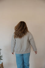 Load image into Gallery viewer, back view of model wearing the one more day jacket. model has the sweater paired with the genevive denim.