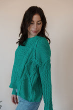 Load image into Gallery viewer, side view of model wearing the my way back home sweater in the color kelly green.