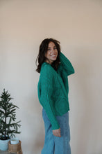 Load image into Gallery viewer, side view of model wearing the my way back home sweater in the color kelly green.