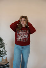 Load image into Gallery viewer, front view of model wearing the letters to santa crewneck sweatshirt. model has the sweatshirt paired with the genevive denim.