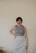 Load image into Gallery viewer, front view of model wearing the forever yours tank in the color smoky taupe.