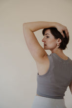 Load image into Gallery viewer, side view of model wearing the forever yours tank in the color smoky taupe.