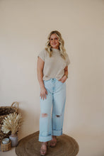 Load image into Gallery viewer, front view of model wearing the nothing to prove top in the color natural. model has the top paired with thistle + elm&#39;s camden denim.