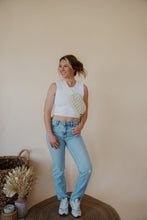 Load image into Gallery viewer, front view of model wearing the charleston denim. model has the denim paired with the forever yours top in the color white.