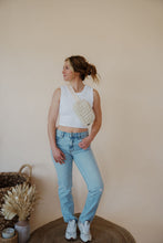 Load image into Gallery viewer, front view of model wearing the charleston denim. model has the denim paired with the forever yours top in the color white.
