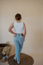 Load image into Gallery viewer, back view of model wearing the charleston denim. model has the denim paired with the forever yours top in the color white.