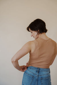 back view of model wearing the forever yours tank in the color macchiato.