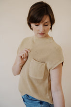 Load image into Gallery viewer, close view of model wearing the nothing to prove top in the color oat. model has the top paired with thistle + elm&#39;s aurora denim.
