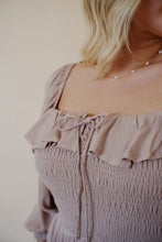 Load image into Gallery viewer, close detail view of model wearing the all my love maxi dress in the color taupe.
