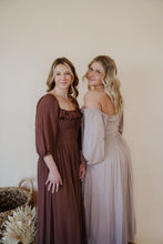 Load image into Gallery viewer, models wearing the all my love maxi dress in the colors chocolate and taupe.