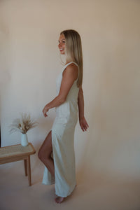 side view of model wearing the closer to love dress.