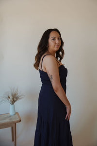 side view of model wearing the anywhere with you dress.