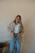 Load image into Gallery viewer, front view of model wearing the make things right shacket. model has the shacket paired with the forever yours tank in the color white and the genevive denim.