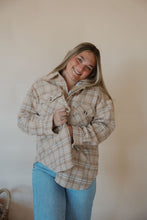 Load image into Gallery viewer, front view of model wearing the make things right shacket. model has the shacket paired with the forever yours tank in the color white and the genevive denim.