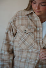 Load image into Gallery viewer, detail view of model wearing the make things right shacket. model has the shacket paired with the forever yours tank in the color white and the genevive denim.