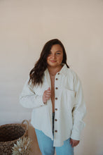 Load image into Gallery viewer, front view of model wearing the all this time shacket. model has the shacket paired with the forever yours top in the color macchiato and the charleston denim.