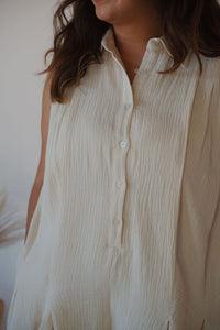 detail view of model wearing the daydream romper.