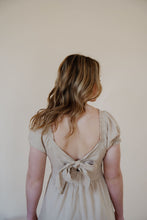 Load image into Gallery viewer, close back view of model wearing the whispering willow dress.