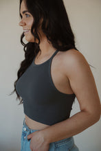 Load image into Gallery viewer, side view of model wearing the these days top in the color charcoal. model has the top paired with the dakota denim shorts.