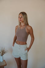 Load image into Gallery viewer, front view of model wearing the these days top in the color espresso. model has the top paired with the parker denim shorts.
