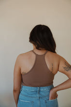 Load image into Gallery viewer, back view of model wearing the these days top in the color vintage mocha. model has the top paired with the boston denim shorts.