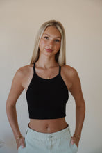 Load image into Gallery viewer, front view of model wearing the these days top in the color black. model has the top paired with the parker denim shorts.