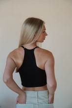 Load image into Gallery viewer, back view of model wearing the these days top in the color black. model has the top paired with the parker denim shorts.