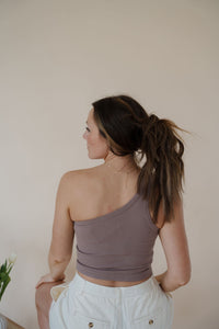 back view of model wearing the last to know top in the color espresso.