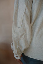 Load image into Gallery viewer, detail view of model wearing the never be the same shacket. model has the shacket paired with the change your mind bodysuit in the color smoky taupe.