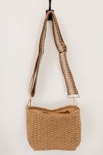 Load image into Gallery viewer, weekend getaway bag in the color tan. bag is shown with the canvas crossbody strap attached.
