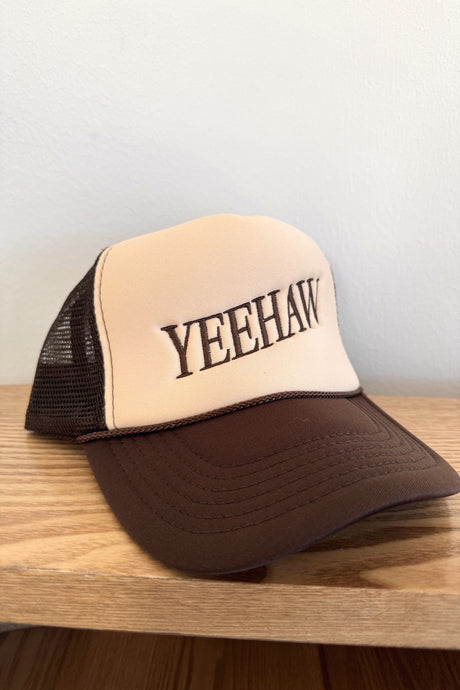 yeehaw brown and taupe two tone trucker hat.