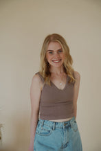 Load image into Gallery viewer, front view of model wearing the stay the same top in the color espresso. model has the top paired with the dakota denim shorts.