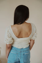 Load image into Gallery viewer, back view of model wearing the note to self top. model has the top paired with the boston denim shorts.
