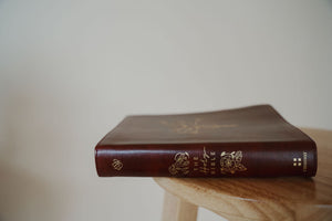 side binding view of hosanna revival esv journaling bible in the Yorkshire theme.
