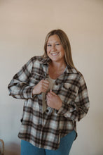 Load image into Gallery viewer, front view of model wearing the something&#39;s changed shacket. model has the shacket paired with the forever yours top in the color light beige.