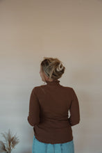 Load image into Gallery viewer, back view of model wearing the until you top in the color caramel. model has the top paired with the charleston denim.