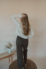 Load image into Gallery viewer, back view of model wearing the everything to me sweater. model has the sweater paired with the addison denim in the color brown.