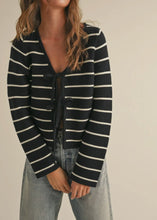 Load image into Gallery viewer, front view of model wearing the everything to me sweater in the black &amp; white striped color combination.