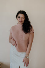 Load image into Gallery viewer, front view of model wearing the nothing to prove top in the color dusty pink. model has the top paired with the all over again cream denim midi skirt.