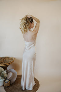 back view of model wearing the we meet again dress.