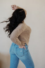 Load image into Gallery viewer, back view of model wearing the Hartford denim. model has the denim paired with the somewhere in the middle sweater in the color oat.
