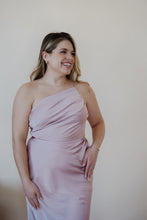 Load image into Gallery viewer, close up front view of model wearing the sweet romance midi dress. model is also wearing the croissant hoops and the Anna necklace.
