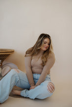 Load image into Gallery viewer, front view of model wearing the Camden denim. model has the denim paired with the after all top in the color almond.