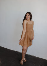 Load image into Gallery viewer, model wearing the sand dunes mini dress. model has the dress paired with a neutral pair of flatbed sandals.